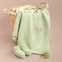 Personalised Sage Green Knitted Baby Blanket With Pom Poms, thumbnail 9 of 9