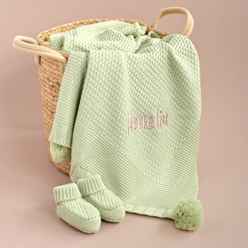 Personalised Sage Green Knitted Baby Blanket With Pom Poms, 9 of 9