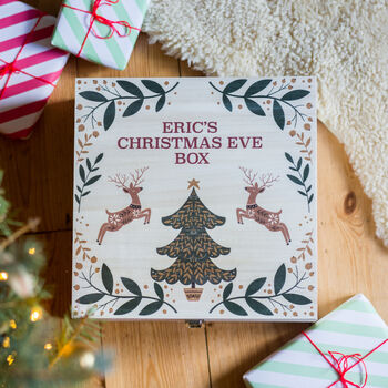Personalised Reindeer And Tree Christmas Eve Wooden Box, 6 of 10
