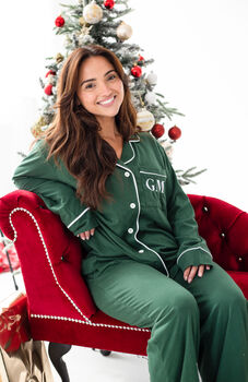 Family Christmas Green Contrast Embroidered Personalised Pyjamas Available In Ladies', Men's And Kid's, 4 of 9