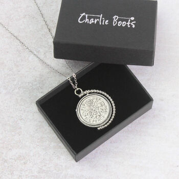 70th Birthday 1954 Lucky Sixpence Spinner Necklace, 7 of 10