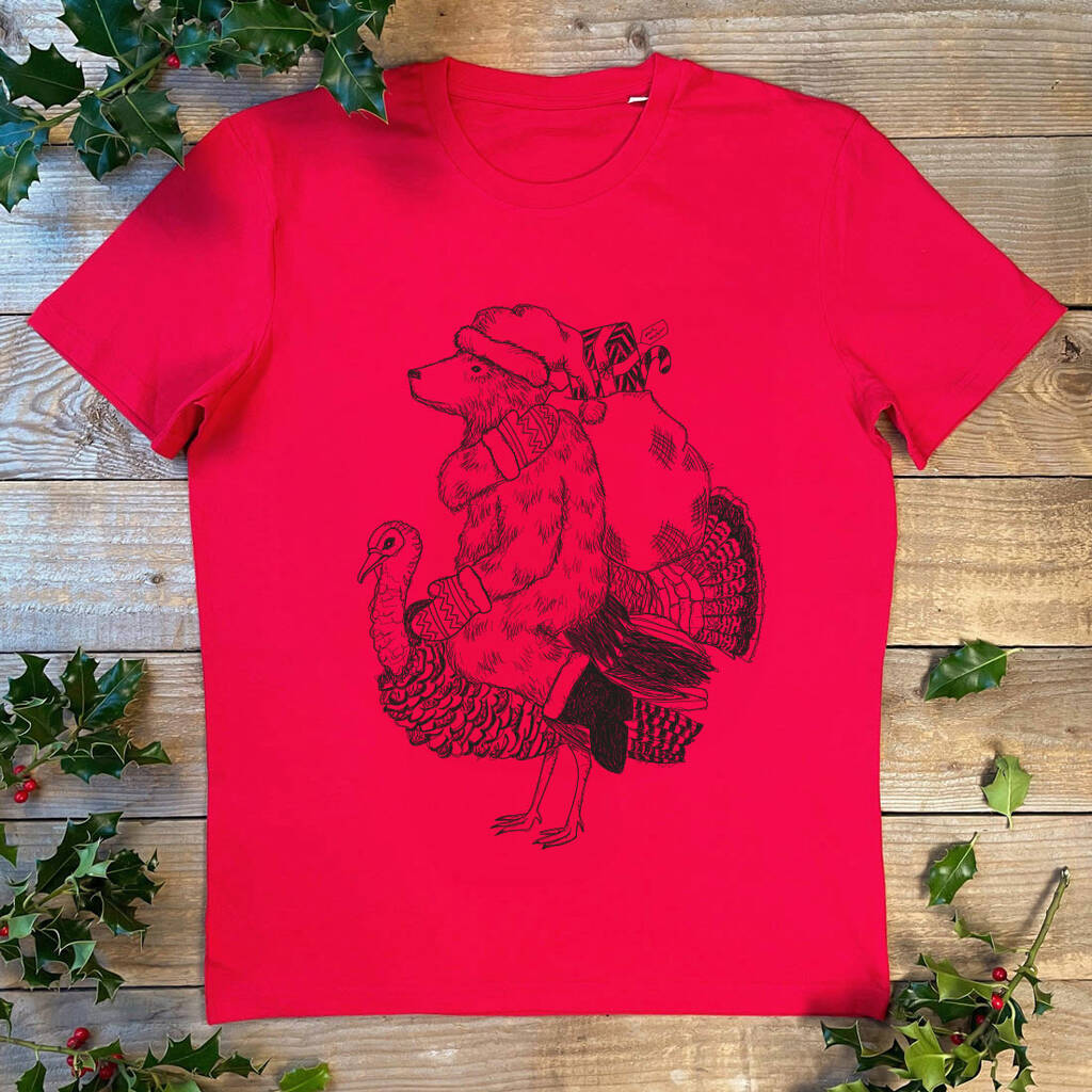 Christmas Turkey And Bear Men's T Shirt, 1 of 3