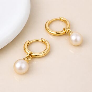 Gold Plated Sterling Silver Freshwater Pearl Huggie Hoop Earrings – 7mm Pearls, 2 of 6