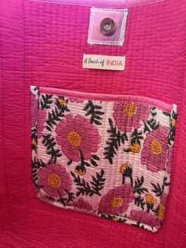 Block Print Quilted Tote Bag, Indian Print Handbag Pink, Black, 5 of 10