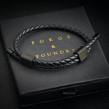 Mens Personalised Engraved Black Adjustable Leather Bracelet Double Clasp, 2 of 8