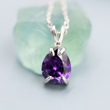 Sterling Silver Amethyst Purple Pear Cut Cz Necklace, 6 of 12