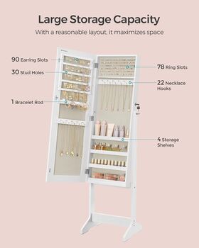 Standing Mirror Jewellery Cabinet, Lockable Armoire, 4 of 9