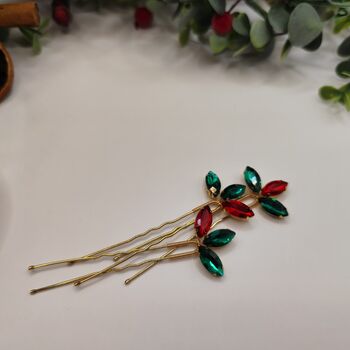 Christmas Red And Green Crystal Hair Pin Set Of Three, 2 of 12