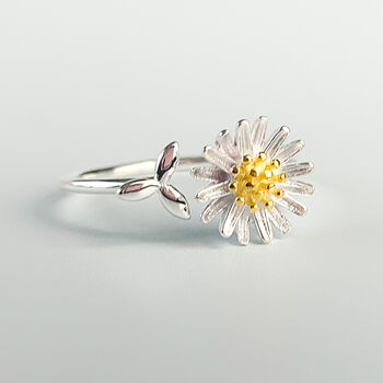 Sterling Silver Daisy And Leaf Adjustable Ring, 3 of 6