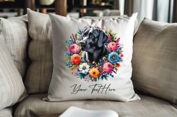 Personalised Black Labrador Summer Floral Dog Wreath Cushion And Mug Gift Bundle, 4 of 4