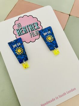 Sun Cream Glitter Resin Earrings / Summer Holiday Jewellery Beach Bag Aesthetic Gift / Summer Accessory Fun Beach Jewellery / Handmade Summer Sparkle, 3 of 3