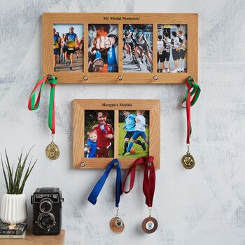 Personalised Oak Photo Frame And Medal Hanger, 7 of 8