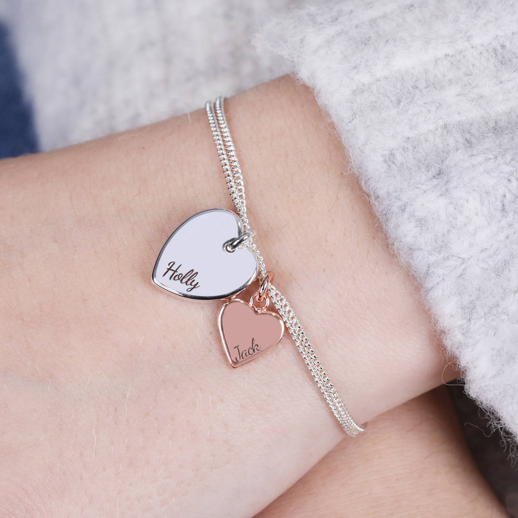 personalised double heart charm bracelet by lisa angel