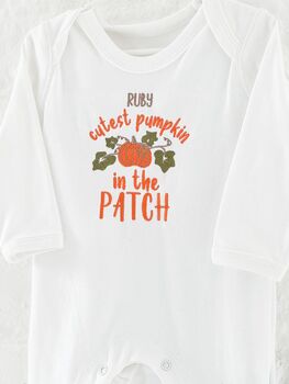 Halloween 'Pumpkin' Embroidered Personalised Babygro Sleepsuit For Baby's First Halloween, 2 of 3