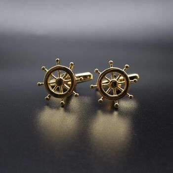 Ship Wheel Gold Cufflinks Gift For Men 316 L Stainless Steel Nautical Accessory, 2 of 5