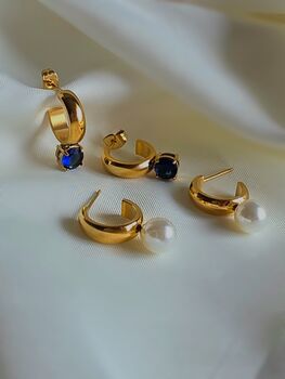 Gold Sapphire Blue Hoop Earrings In 18k Gold Plated C Hoop Studs Waterproof Jewellery, 2 of 3
