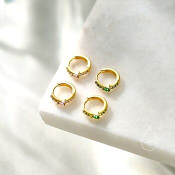 Sterling Silver Dainty Green Cz Huggie Hoop Earrings, 6 of 12