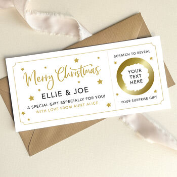Personalised Christmas Surprise Scratch Card: Stars And Gold Circle Design, 4 of 8
