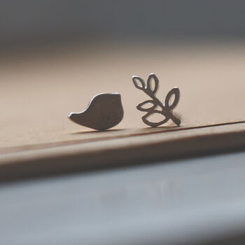 Silver Mismatched Stud Earrings Bird And Branch, 2 of 3