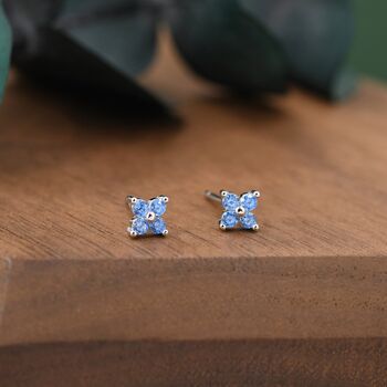 Aquamarine Blue Cz Flower Stud Earrings, 6 of 11