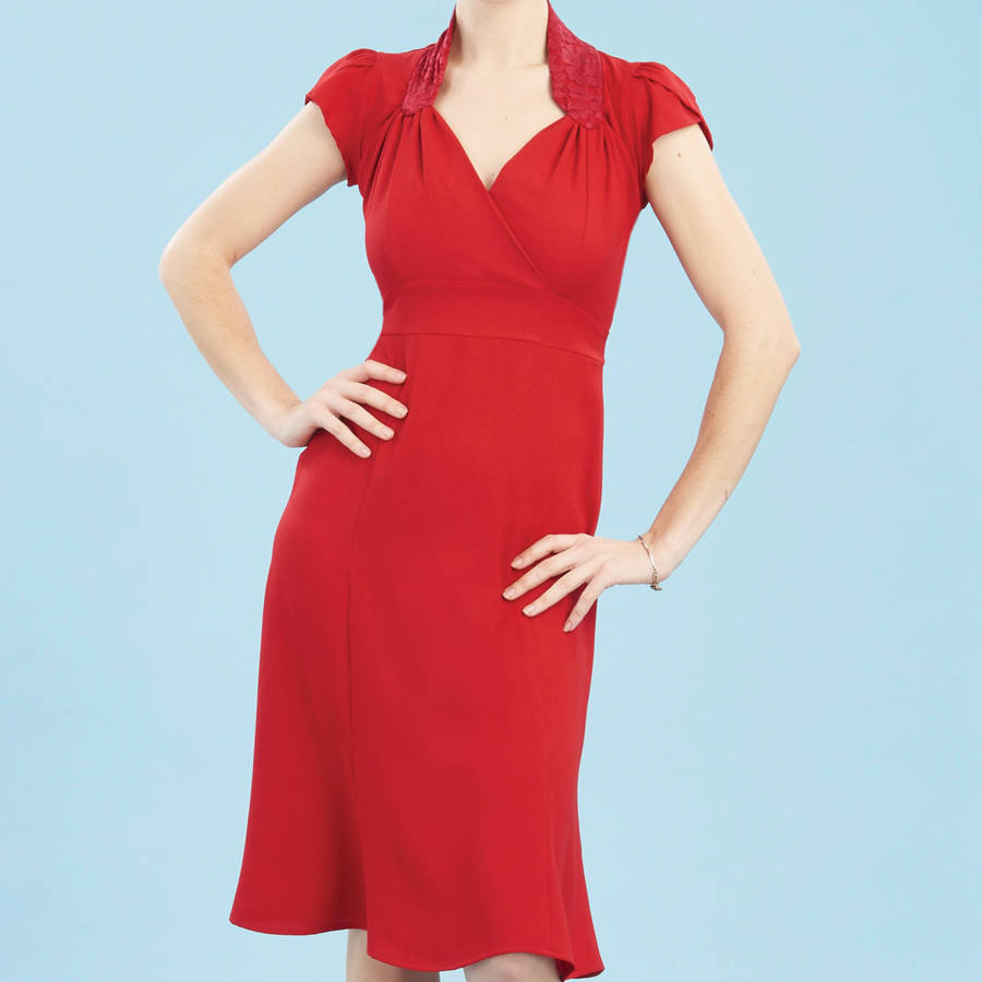 Forties Style Dress With Sweetheart Neckline In Ruby, 1 of 3