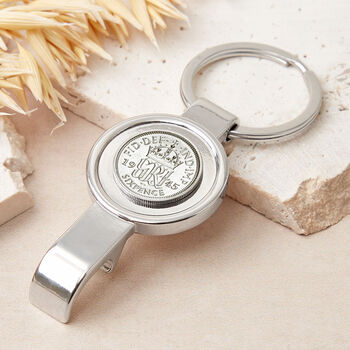 80th Birthday 1945 Sixpence Bottle Opener Keyring, 2 of 7
