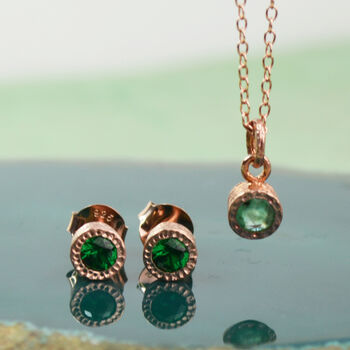 Emerald May Birthstone Rose Gold Stud Earrings, 4 of 5