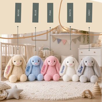 Personalised Bunny Rabbit, Custom Embroidered Plush Toy, Baby Shower Gift, Ce Certified, 6 of 12