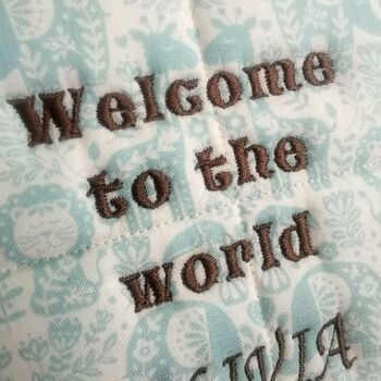 Welcome To The World, Hanging Fabric Kite, Turquoise Cotton With Baby Animal Print And Four Fabric Bows, 10 of 11