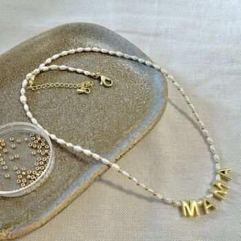 Dainty Pearl 'Mama' Necklace Delicate Gold Name Necklace Authentic Pearls, 2 of 5