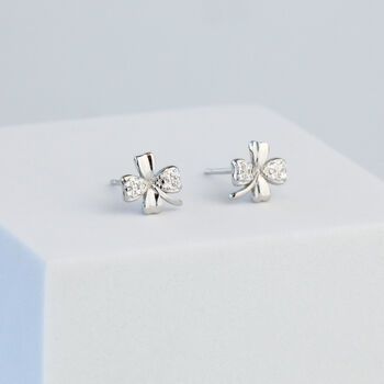 Sterling Silver Sparkly Four Leaf Clover Stud Earrings, 2 of 5
