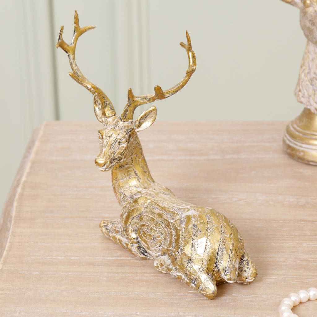 Seated Stag Brushed Gold Decorative Ornament By Dibor