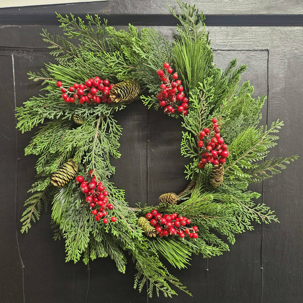Casewick Pine And Berry Luxury Faux Christmas Wreath, 1 of 2