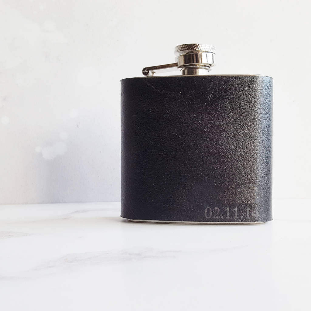 Engraved Leather Hip Flask With Date, 1 of 5