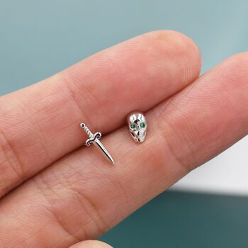 Mismatched Tiny Sword And Skull Stud Earrings In Sterling Silver, 5 of 10