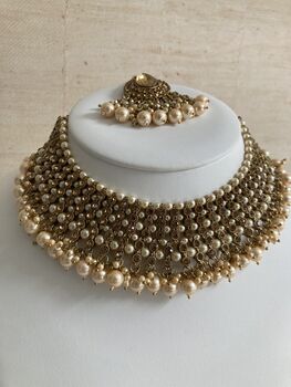 Indian Antique Gold Plated Pearl Choker Set, 2 of 8