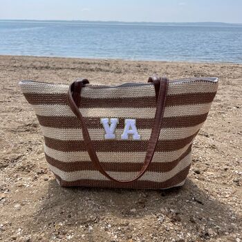 Personalised Beige Brown Stripe Tote Beach Bag, 2 of 6