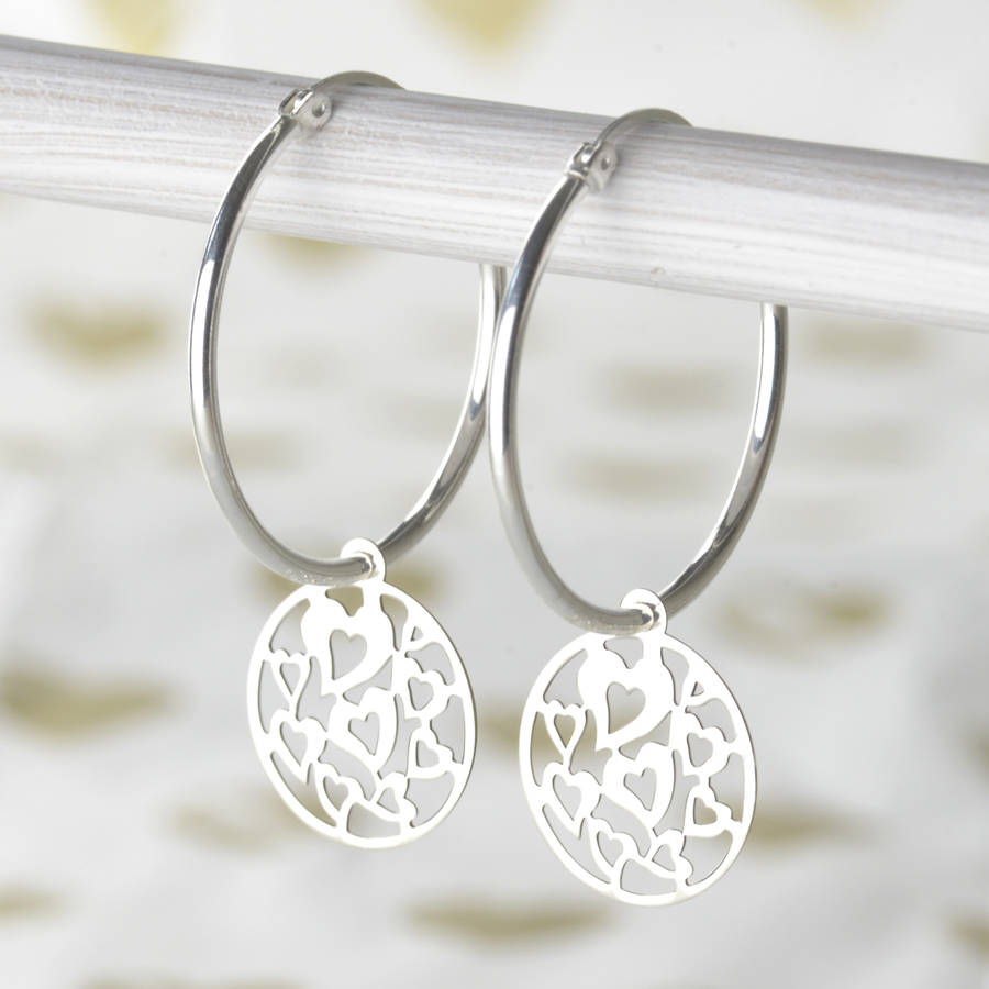 Sterling Silver Hoop Earring With Heart Charms By The London Earring