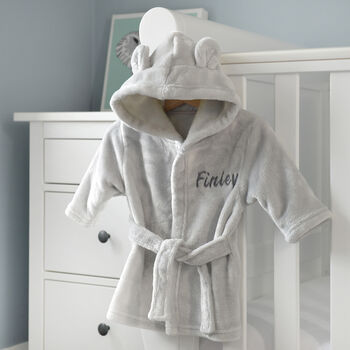 Personalised Grey Baby Dressing Gown With Ears On Hood, 3 of 6