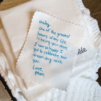 Hand Embroidered Handwritten Note Wedding Dress Label, 4 of 12