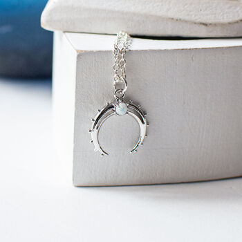 Silver Plated Opal Crescent Moon Necklace, 7 of 8