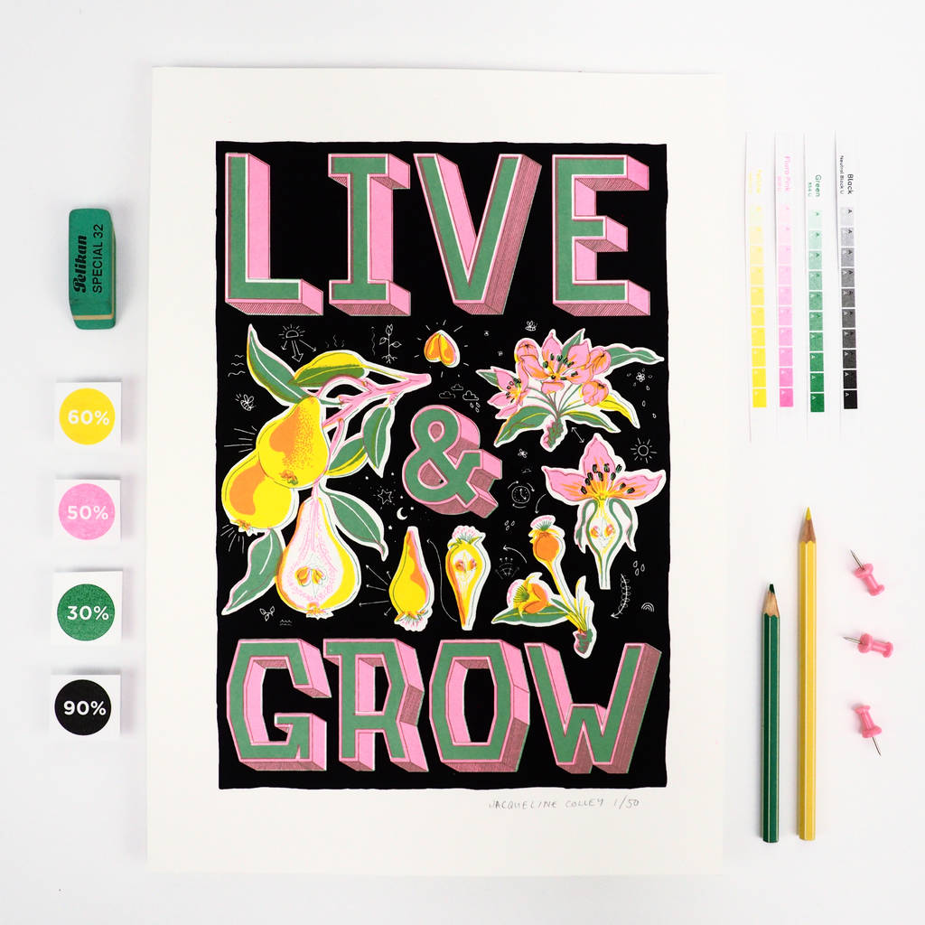 live and grow, motivational message, art print by jacqueline colley