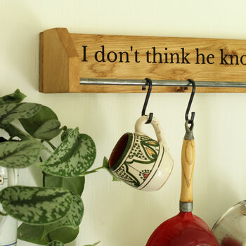 Custom Engraved Farmhouse Kitchen Pan Hanger – Handmade From Dartmoor Oak, 3 of 12