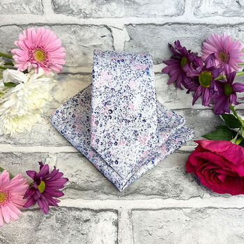 Pink And Silver Ditsy Floral Wedding Tie Set, 5 of 6