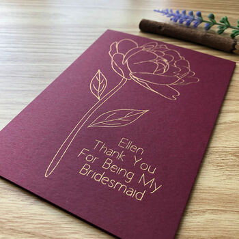 Thank You Bridesmaid Personalised Peony Flower Gold Foil Wedding Card, 11 of 12
