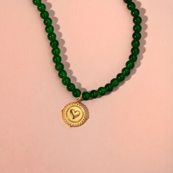 Dark Jade Green Beaded Necklace With Heart Coin, 4 of 5