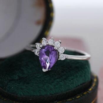 Genuine Pear Cut Amethyst Purple Crown Ring, 7 of 11