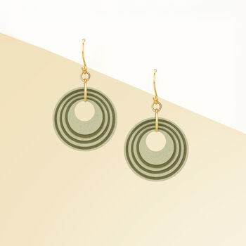 Green And Khaki Geometric Circular Earrings • Gold Plated Sterling Silver Hooks, 3 of 9