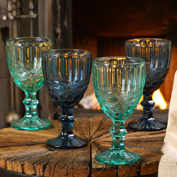 Set Of Four Blue Embossed Wine Goblets, 3 of 6