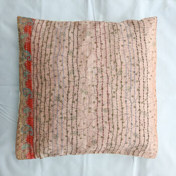 Embroidered Sari Cushion Cover With Kantha Stitch, 46cm Handmade Cotton, 3 of 6